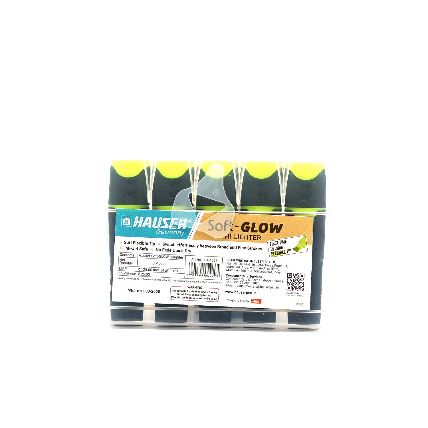 Hauser Soft Glow Fluorescent Yellow Chisel Tip Highlighters 5-Pack