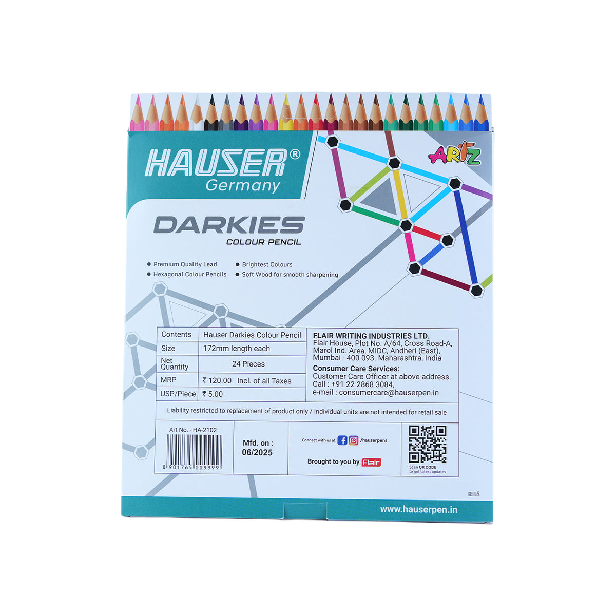 Hauser Darkies Colour Pencils Set | 24 Vibrant Shades Art Set with Sharpener