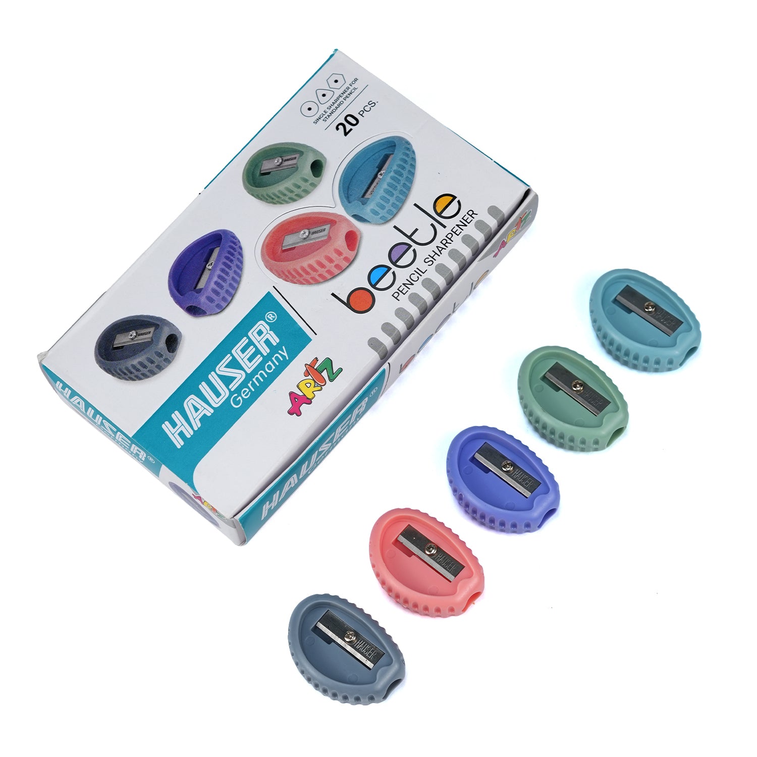 Hauser Artz Beetle Compact Pencil Sharpener - Durable Stainless Steel Blade (20 Pack)