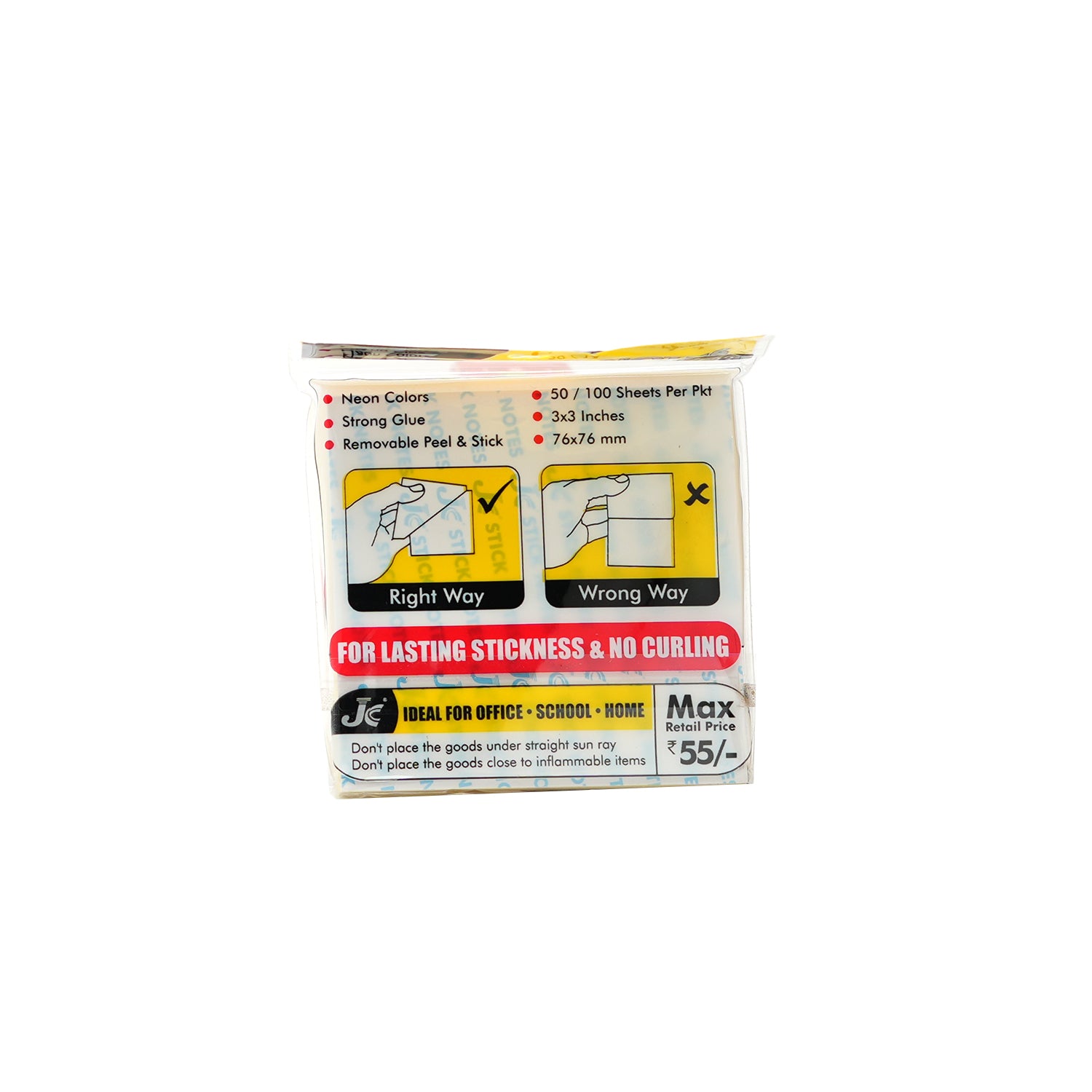 JC Premium 3x3 Inch Neon Sticky Notes 100 Sheets Pack