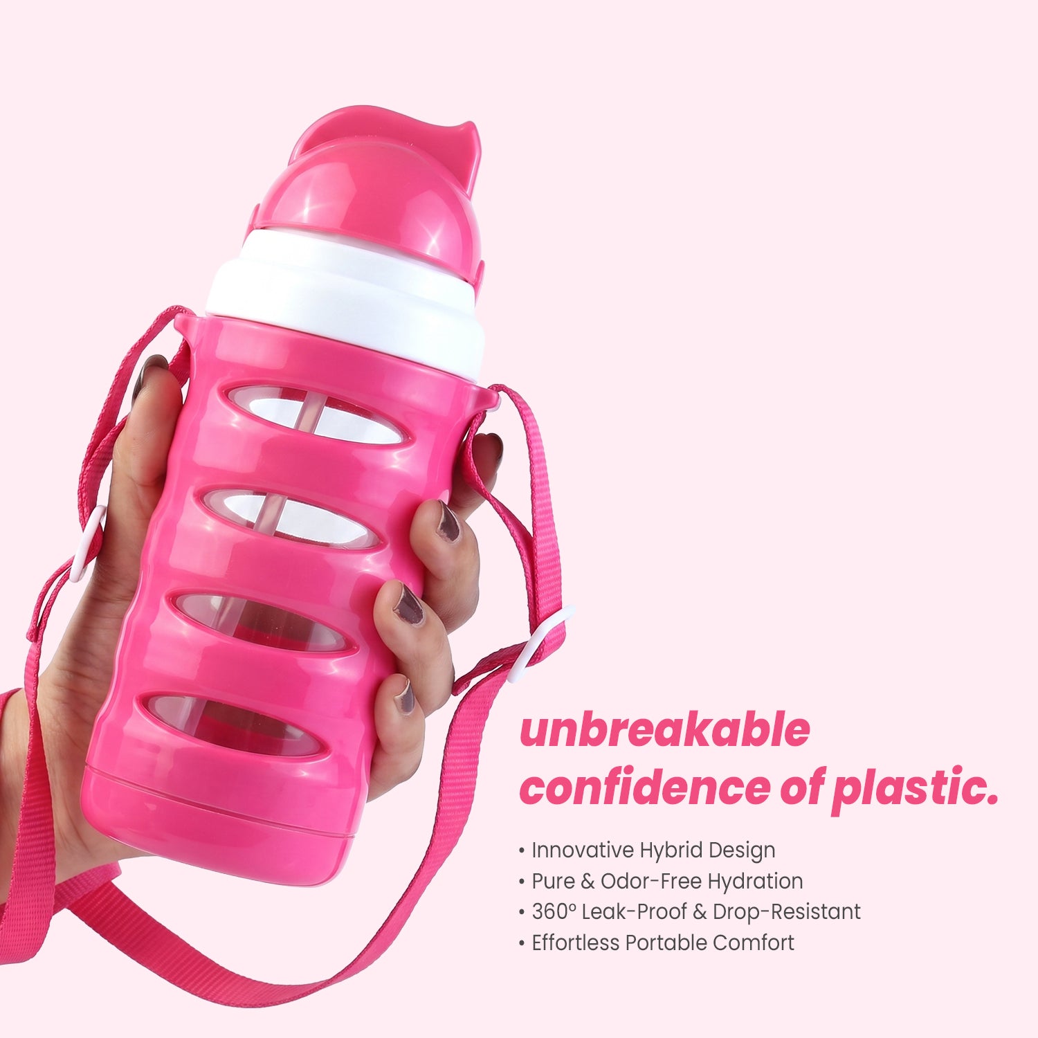 400ml Kids Glass Water Bottle with Strap | Drop-Proof Hybrid Travel Flask | Pink
