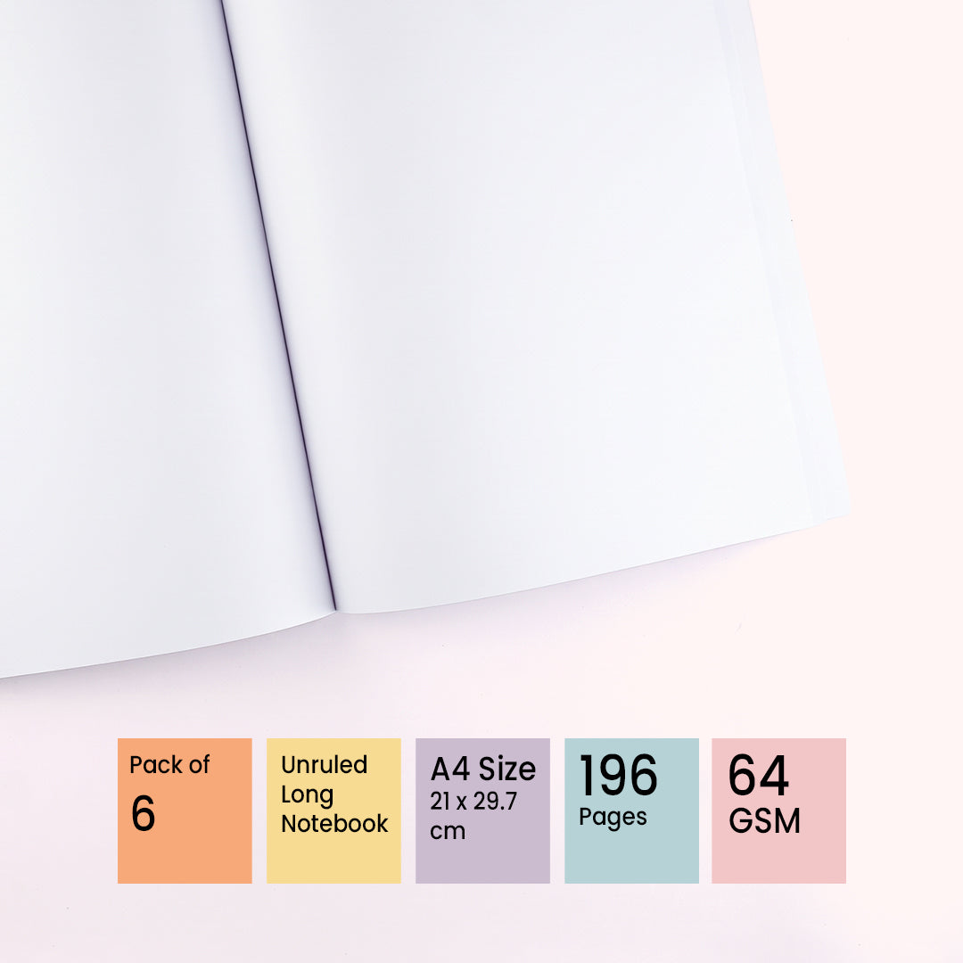 Youva Staller Premium A4 Unruled Long Notebook 196 Pages 6 Pack