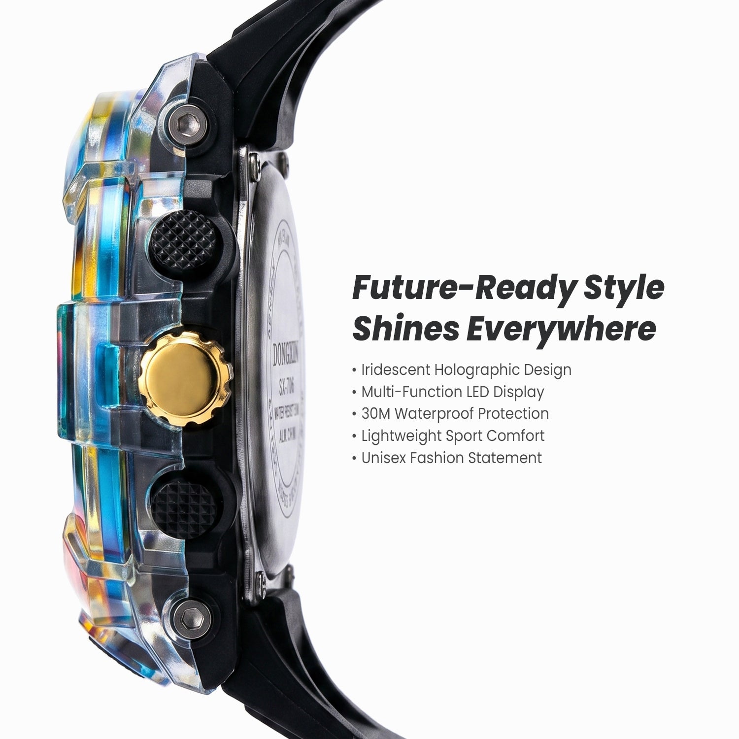 Iridescent Digital Sport Watch with LED Display & Waterproof Transparent Strap