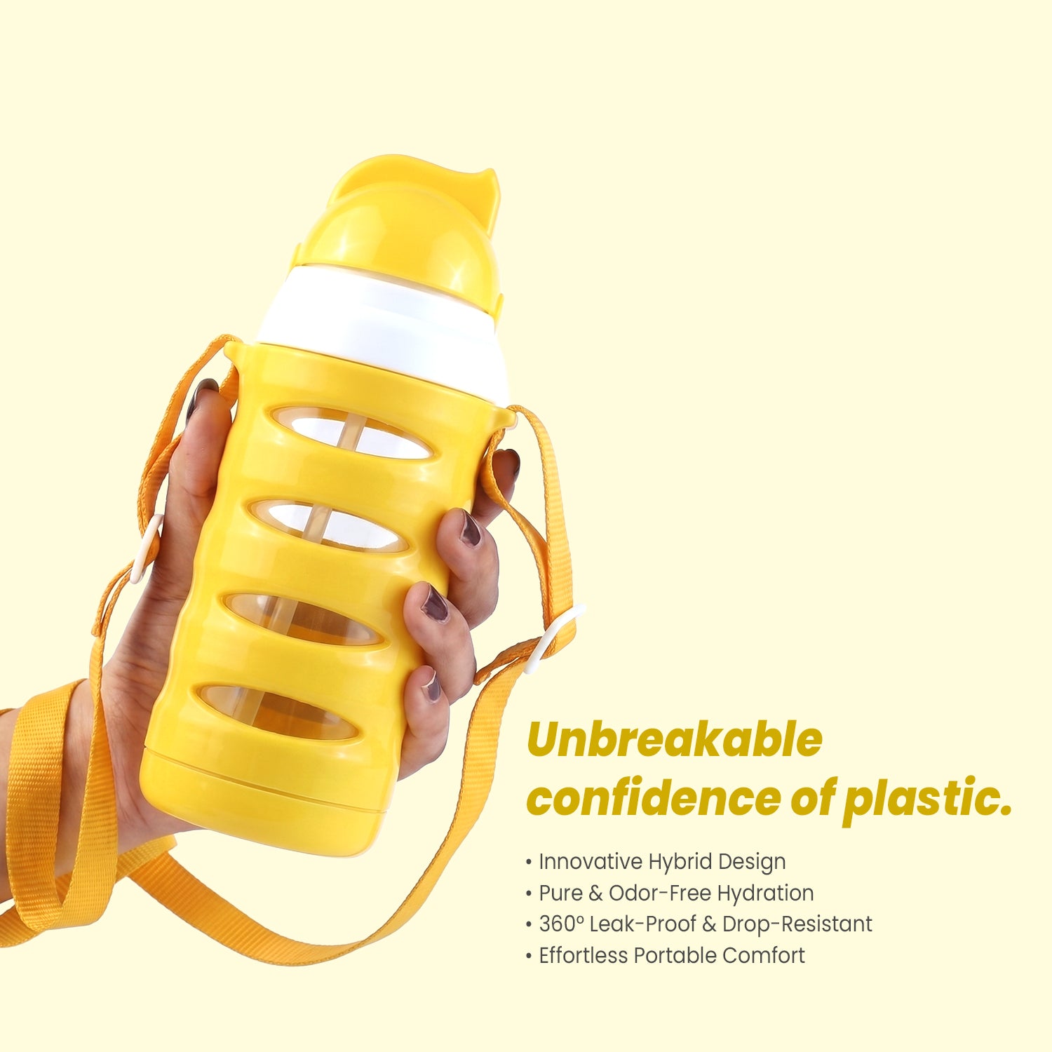 400ml Kids Glass Water Bottle with Strap | Drop-Proof Hybrid Travel Flask | Yellow