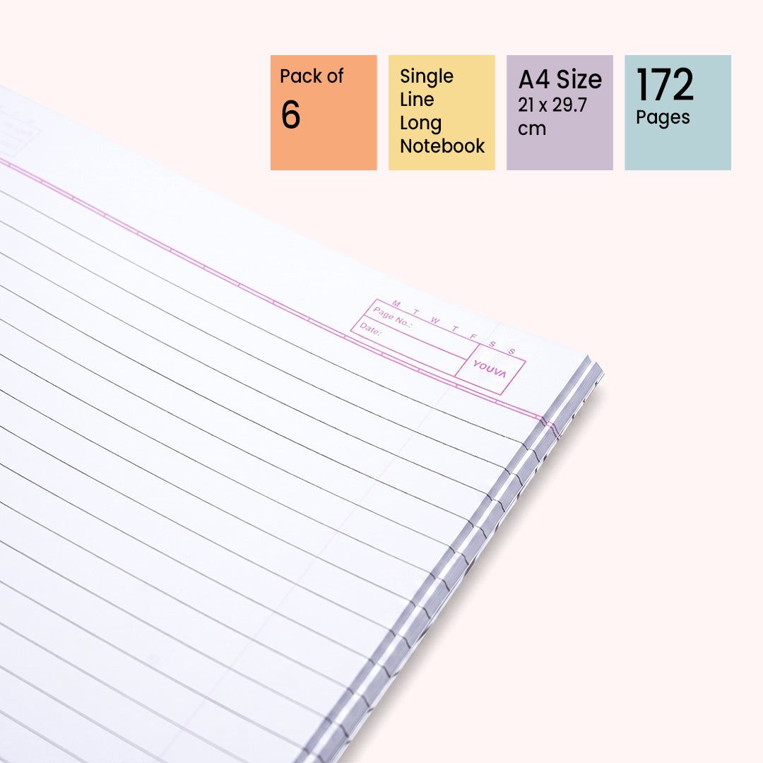 Youva Premium Single Line Long A4 Notebook 172 Pages 6 Pack
