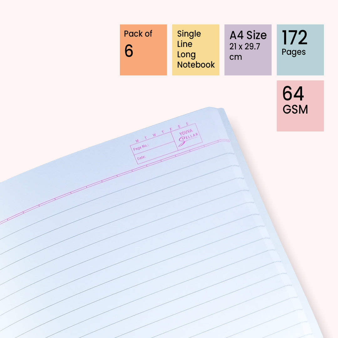 Premium Youva Staller Long A4 Notebook 172 Pages 6 Pack