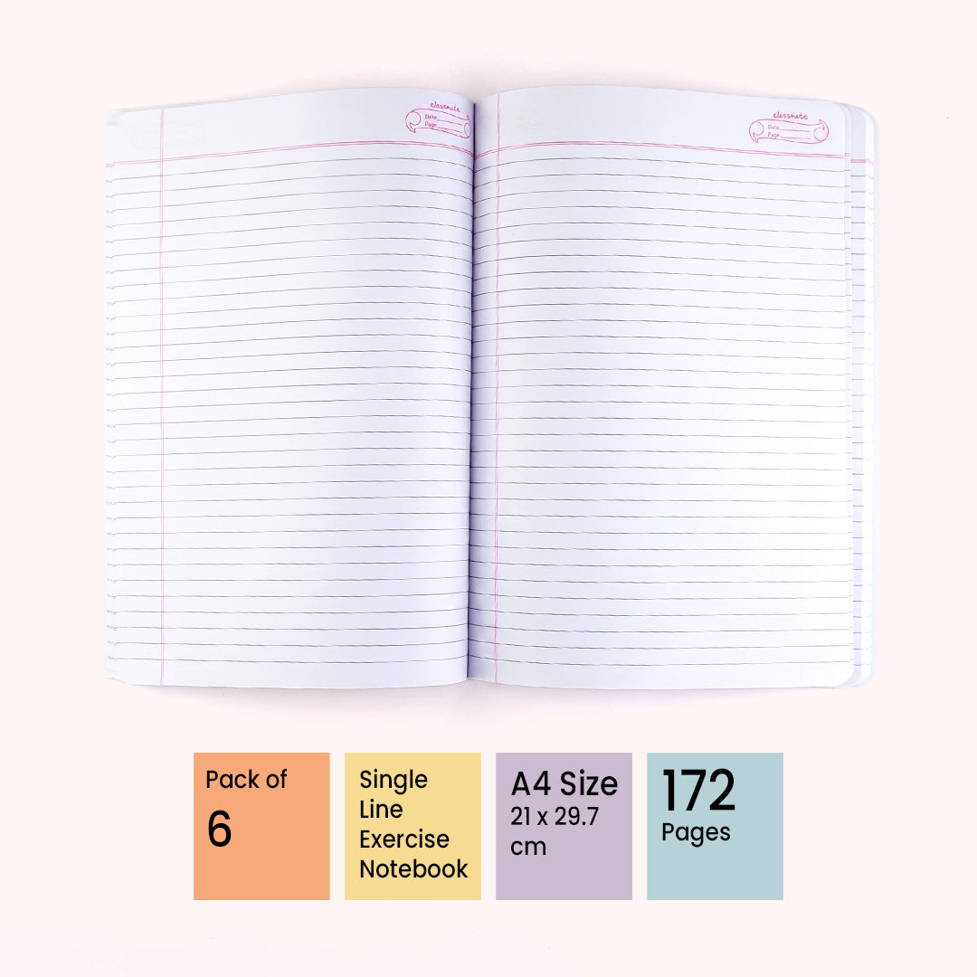 Classmate Premium Single Line Long A4 Notebook 172 Pages 6 Pack