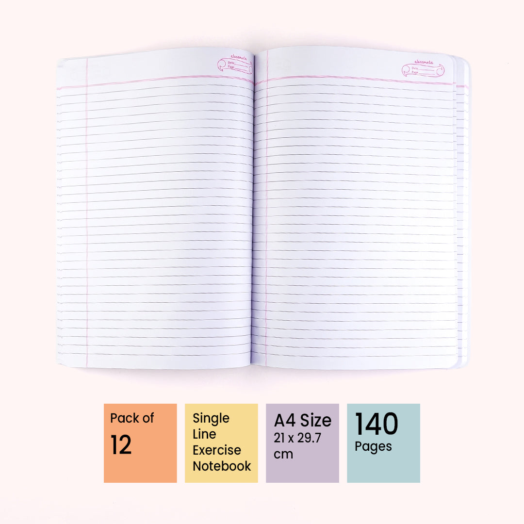 Classmate Premium Single Line Long A4 Notebook 140 Pages Pack of 12